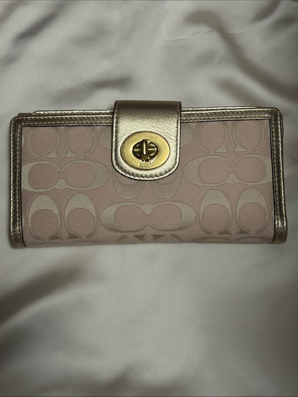 Coach Pink Signature Canvas Wallet with Metallic Trim